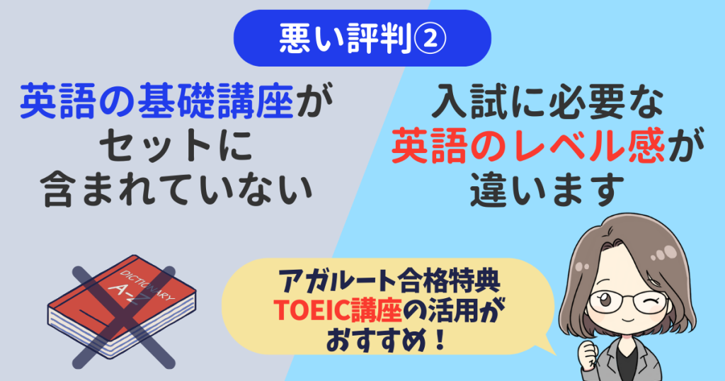 アガルートの国内MBAの悪い評判２つ目は、英語の基礎講座がセットに含まれていないこと。
受験生それぞれで入試に必要な英語のレベル感が違うことなどが理由として挙げられます。